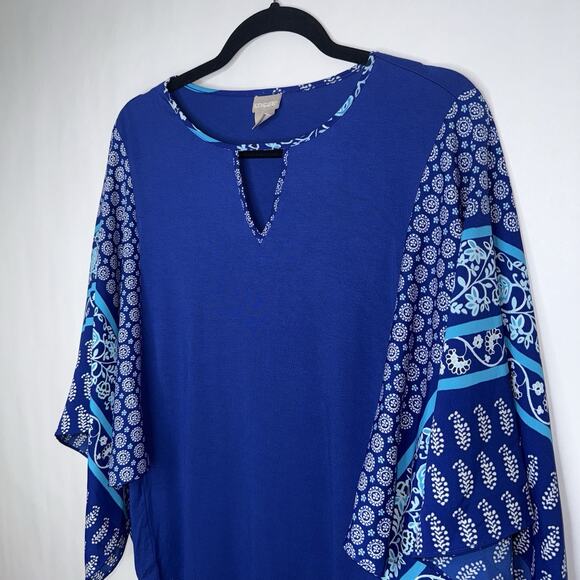 Chico’s Women’s Printed Kimono Sleeve Top Keyhole Neck Blue Size 1 - Picture 2 of 5
